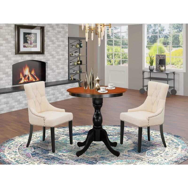 3-Piece Black and Cherry Finish Solid Wood Top - Button Tufted Dining Room Set - Seats-4