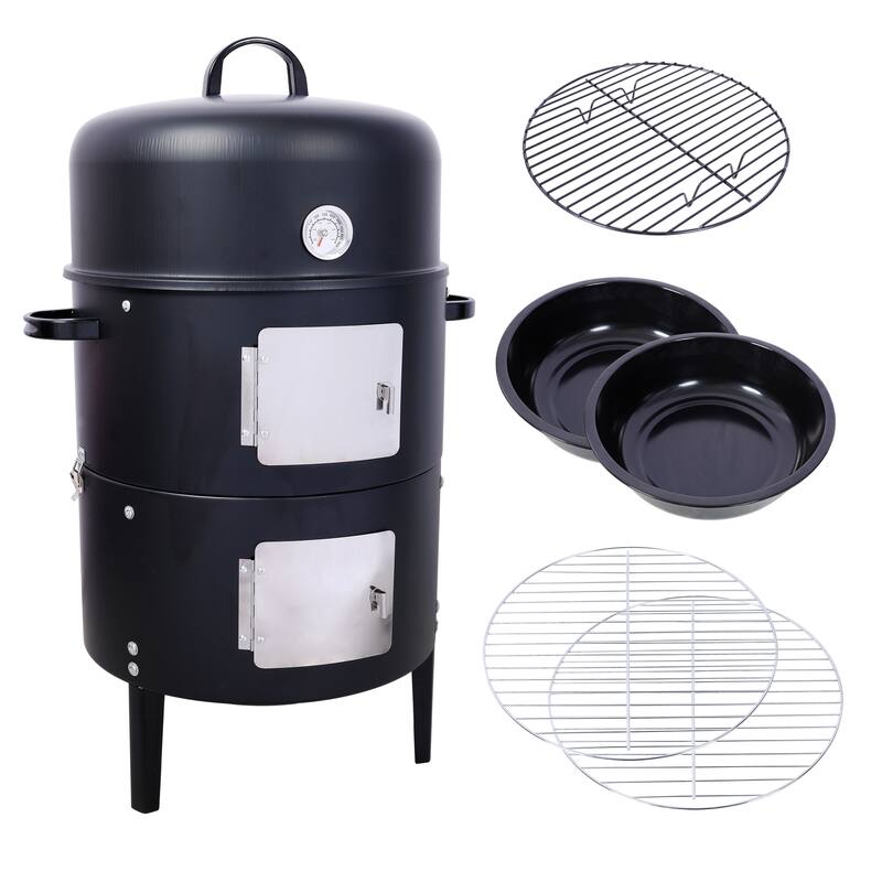 Steel Charcoal Smoker, Heavy Duty Round BBQ Grill with Thermometer and Bakelite Handles, for Outdoor Cooking, Black - Assembly Required