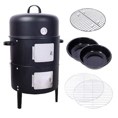 Steel Charcoal Smoker, Heavy Duty Round BBQ Grill with Thermometer and Bakelite Handles, for Outdoor Cooking, Black