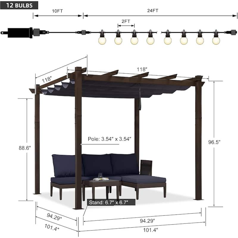 PURPLE LEAF Outdoor Retractable Bronze Metal Pergola w Canopy for Beach Deck Gazebo