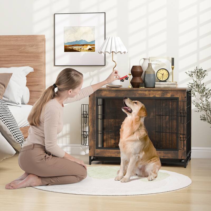 Dog Crate Furniture with Double Lockable Doors and Easy Clean Tray