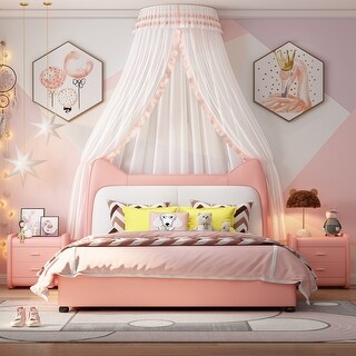 Cute Platform Frame Upholstered Bed with Rabbit Headboard PU Leather