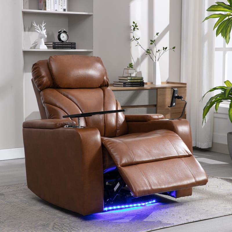 Roomfitters Electric Power Motion Recliner with USB Port, Hidden Arm Storage, Cup Holder, and Bluetooth Speaker - Light Brown