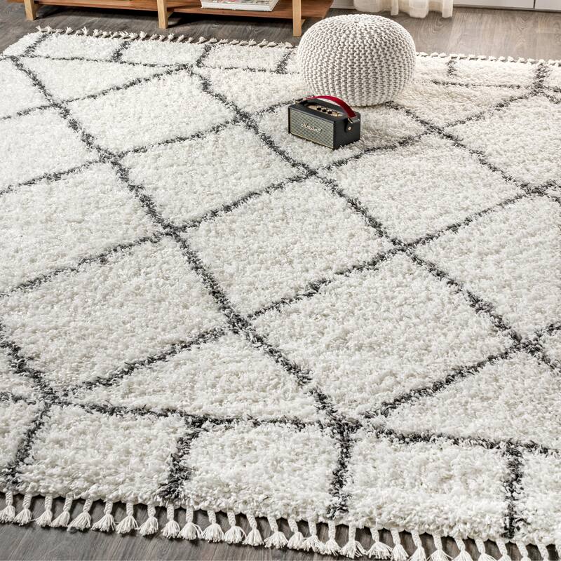 JONATHAN Y Modern Shag Plush Tassel Moroccan Geometric Trellis Area Rug