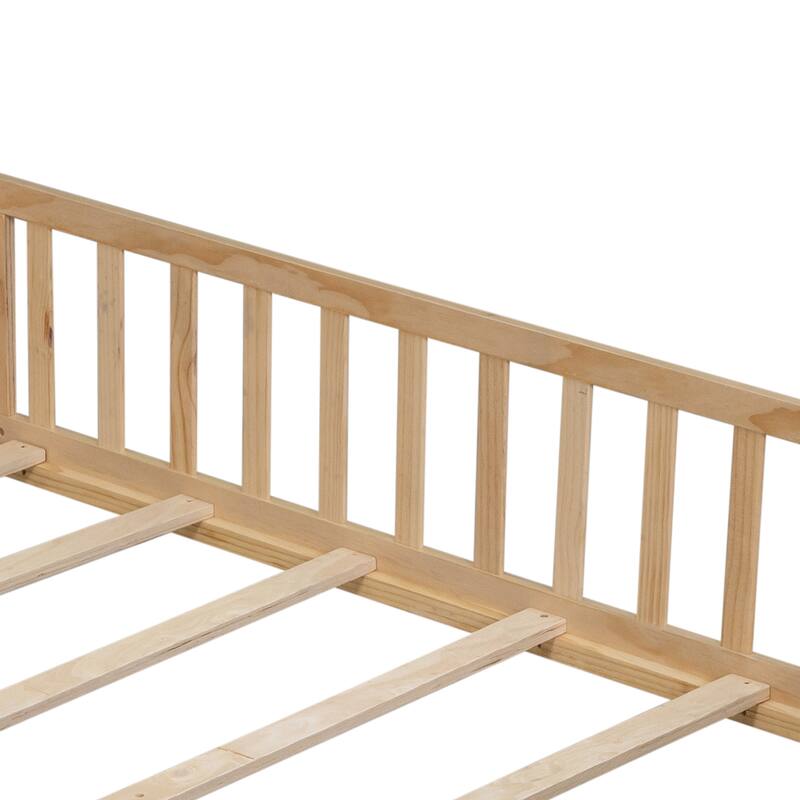 Full Size Montessori Floor Bed with Fence, Door & Support Slats - Safe Wooden Bed Frame for Toddlers & Kids