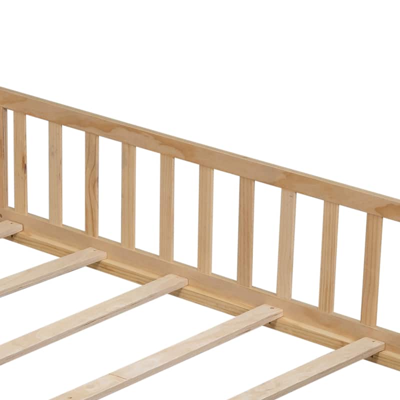 Natural Full Size Floor Platform Bed with Fence and Door for Kids