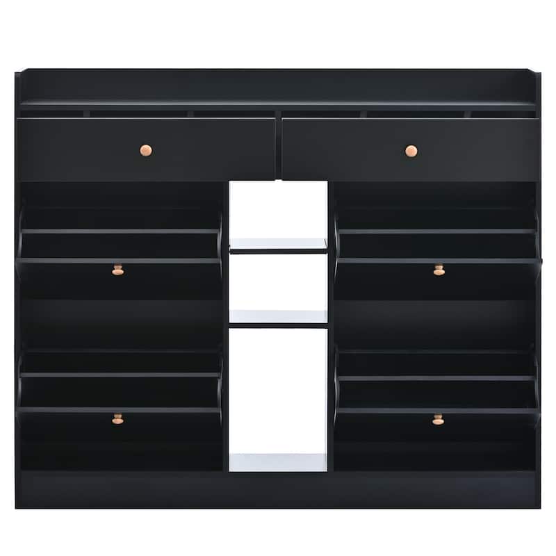 Large Flip Down Shoe Cabinet with Drawers, 2-Tier Wood Shoe Storage Organizer, Entryway Free Standing Narrow Shoe Rack