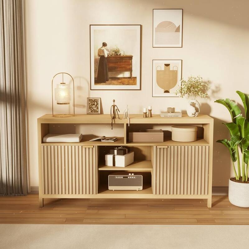 Fluted TV Stand for 65" TV, Adjustable Shelves - Oak