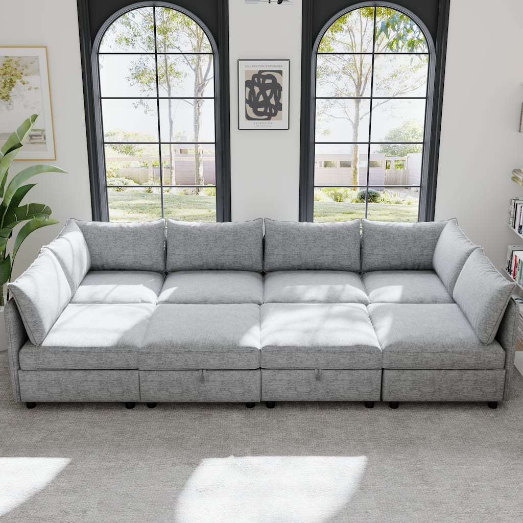 Oversized Modular Sectional Sofa Bed Convertible Sleeper Sofa Set 8-seat Daybed with 2 Storage Ottomans and Chaise Lounge