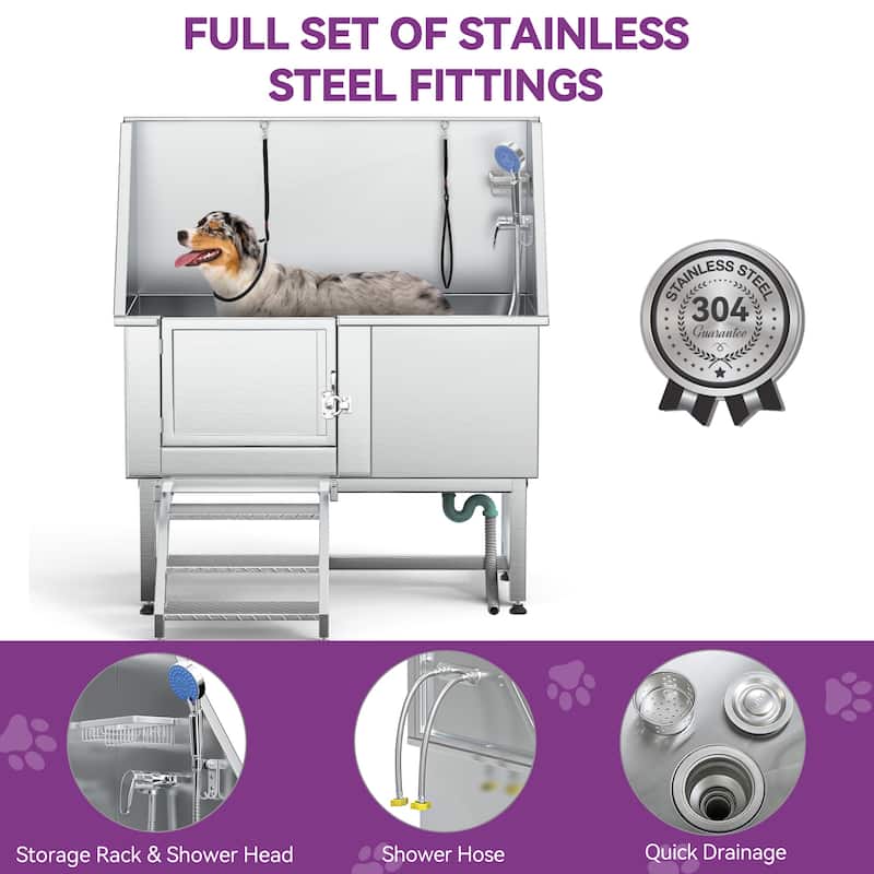 50'' W Stainless Steel Adjustable Pet Grooming Tub with Steps - Silver