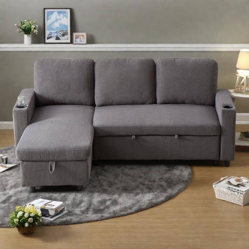 78.5" Corduroy L-Shaped Convertible Sofa Bed with Reversible Design, Pull-Out Sleeper & Storage Ottoman