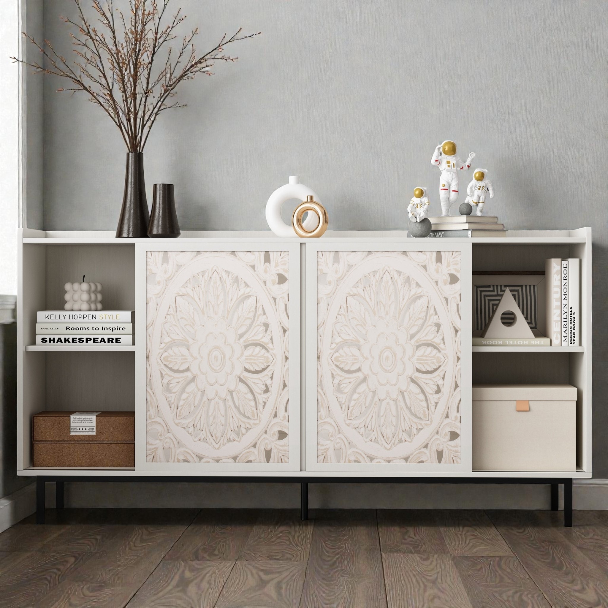 Handmade Accent Cabinet with Carved Doors, 58" Sideboard Buffet Console Cabinet for Living Room, Entryway Cabinet for Kitchen