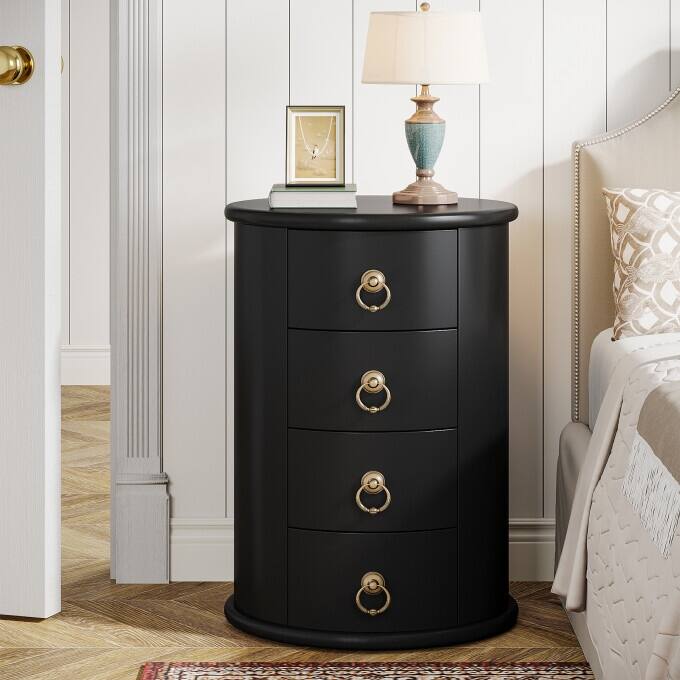 Solid Wood Bedside Table, Round Nightstand with 4 Drawers