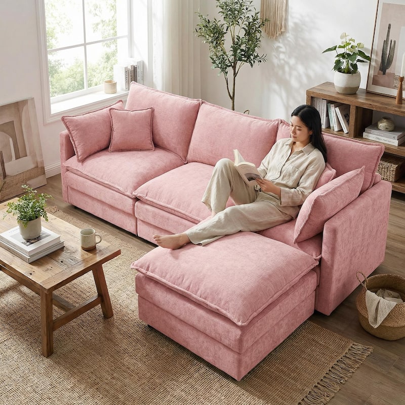 Homy Casa 102" L-Shaped Modular Sectional Sofa Movable Ottoman, Cloud-Style Chenille Couch, DIY Combination for Living Room Tray