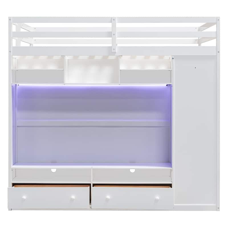 Full Size Loft Bed with Storage, LED Light, and Shelves - White