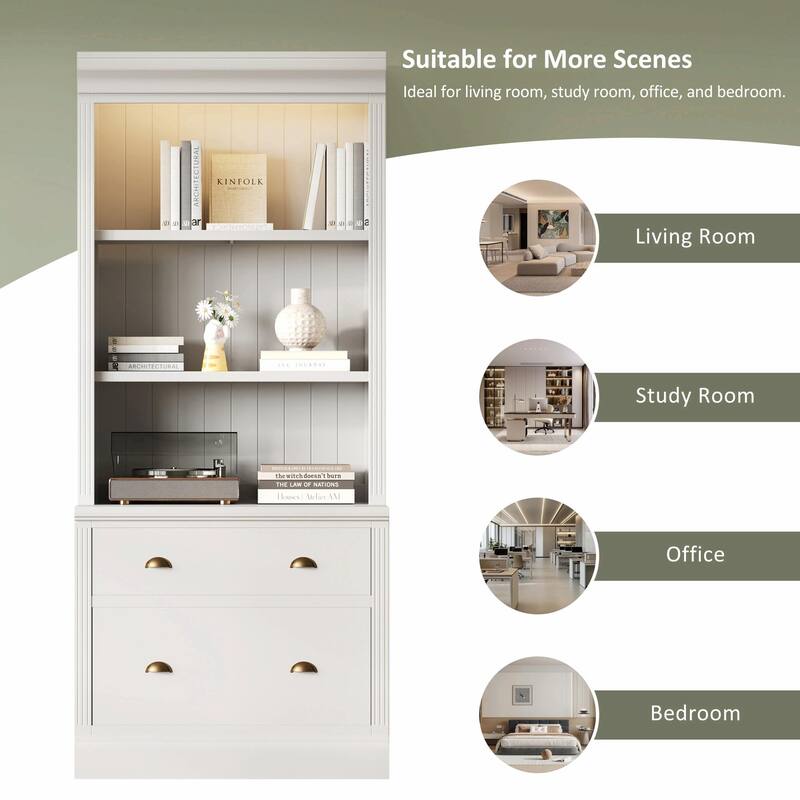 83.4" Tall Bookshelf with LED Lighting, 2 Drawers and 3 Open Shelves