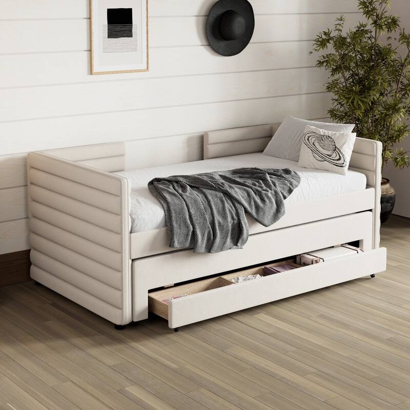 Twin Size Linen Upholstered Daybed with Trundle and 3 Drawers - Beige