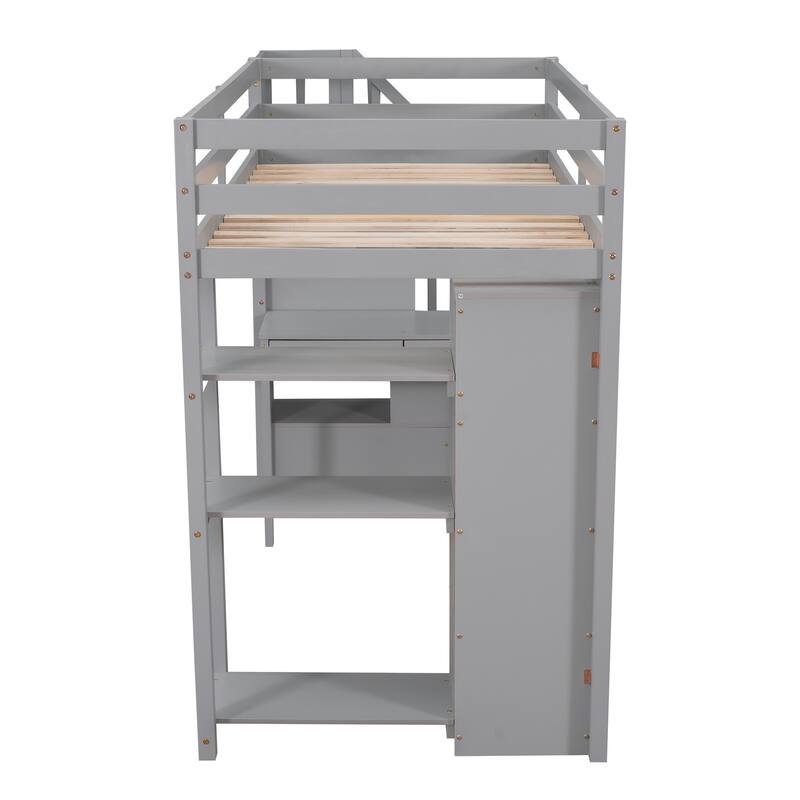 Twin Size Wooden Loft Bed with Storage Drawers, Desk, Stairs, and Shelves - Gray