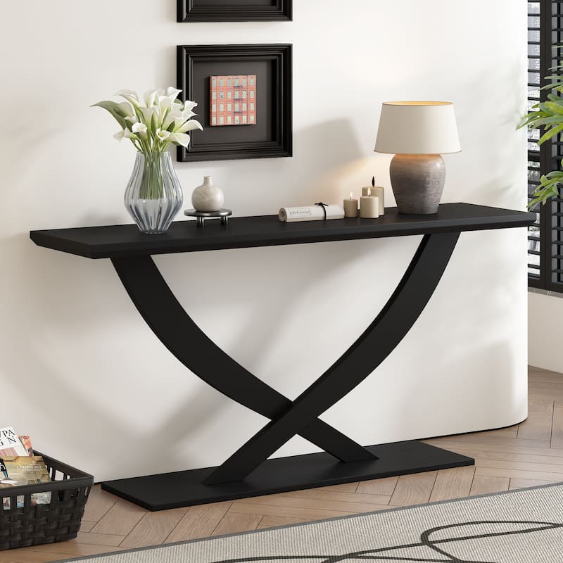 57'' Console Table Hallway Tables, Accent Table with Cross-Table Leg and Acacia Venner, Entryway Table for Living Room