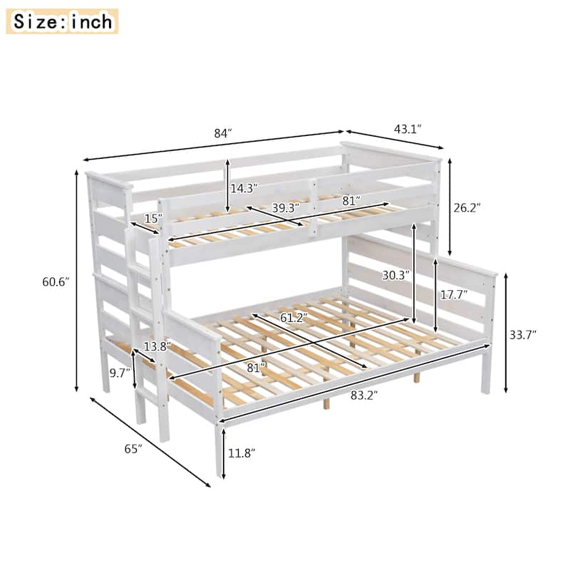 Twin XL Over Queen Bunk Bed with Ladder & Slat Support, Solid Wood Bunk Bed Frame with Safety Guardrail, Separated into 2 Beds