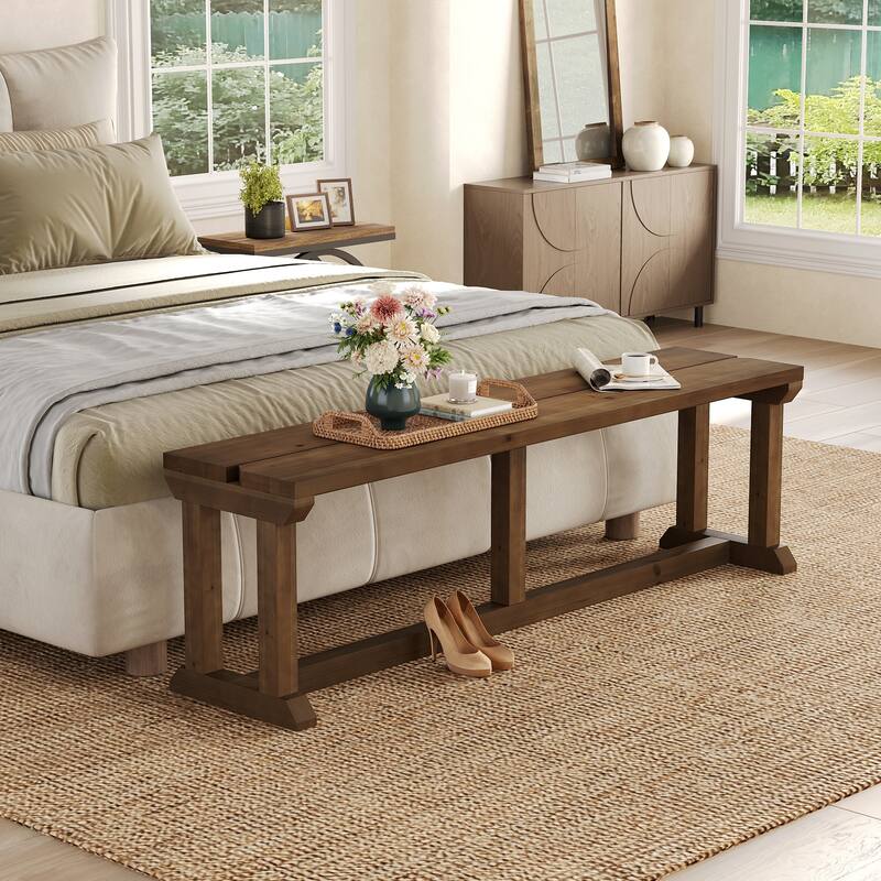 59" Solid Wood Entryway Bench, Rustic Shoe Bench & Bed Seat for Bedroom, Hallway, Living Room