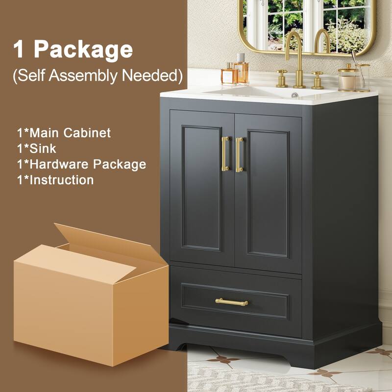24"Bathroom Vanity with Sink, 1 Divided Drawer and 2 Soft Close Doors with Dual Door Storage Racks, Freestanding Vanity