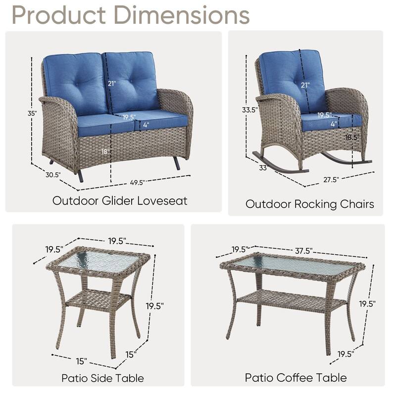 Pocassy 5 Pieces Glider Sofa with Rocker Chairs Ottomans
