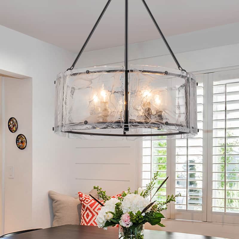 Modern 5-Light 20.5" Lantern Drum Chandelier Water Ripple Glass Pendant for Dining Room - White - Matte Black