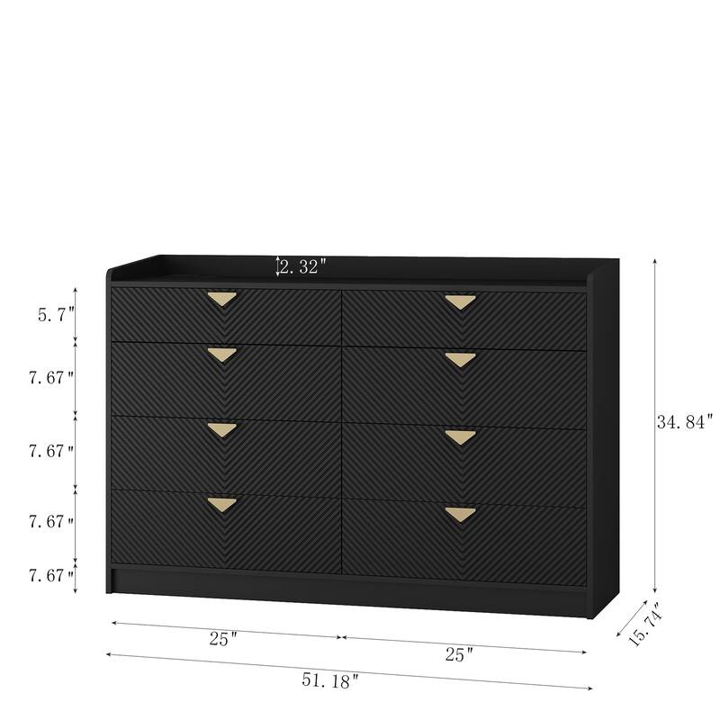 Modern Double Dressing Wood Storage Cabinet with LED Grooved Panel 8 Drawers, for Bedroom Living Room, Black