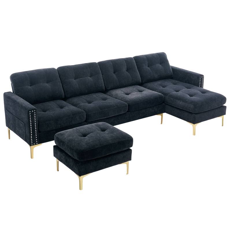 L Shaped Convertible Sectional Sofa with Ottoman, Velvet Fabric 5 Seater Sofa, Upholstered Sofa with Chaise & Storage Pockets