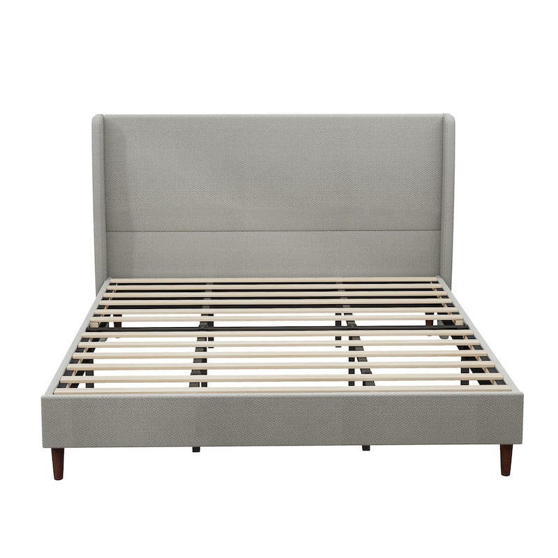 Wingback Upholstered Bed Platform Bed with High Headboard, Solid Wood Legs and Wooden Slats - Available Chenille or Linen