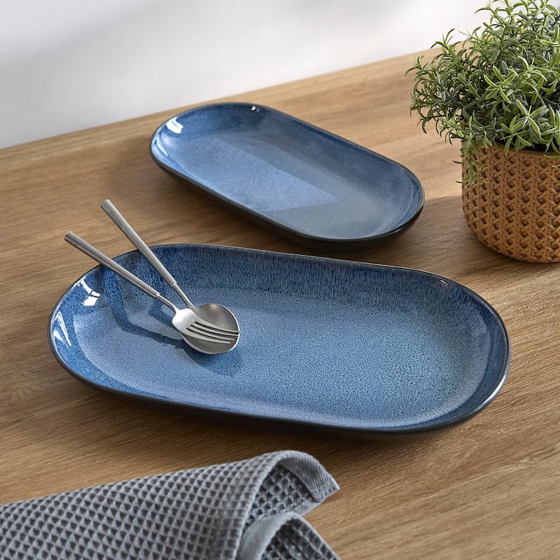 Sango Resona Blue/Black Large Ceramic Serving Platters Set of 2, 14/12 Inch