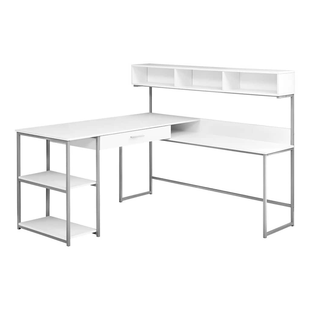 Computer Desk, Home Office, Corner, Storage Drawers, L Shape, Work, Laptop, White Laminate, Grey Metal, Contemporary