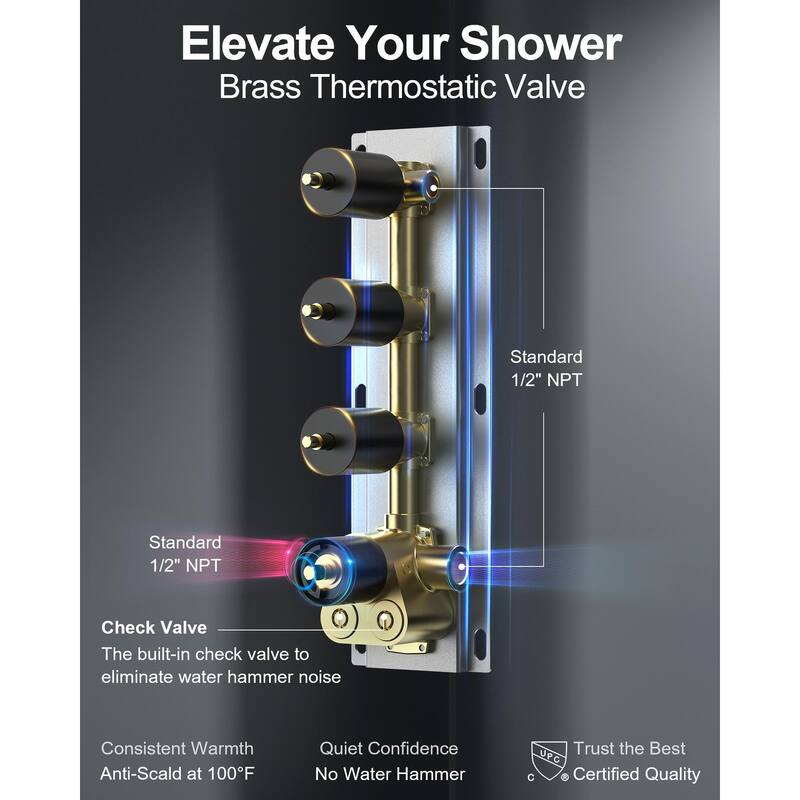 Dual Heads 16" Rainfall & High Pressure 6" Shower System w/ 3 Way Thermostatic Faucet 