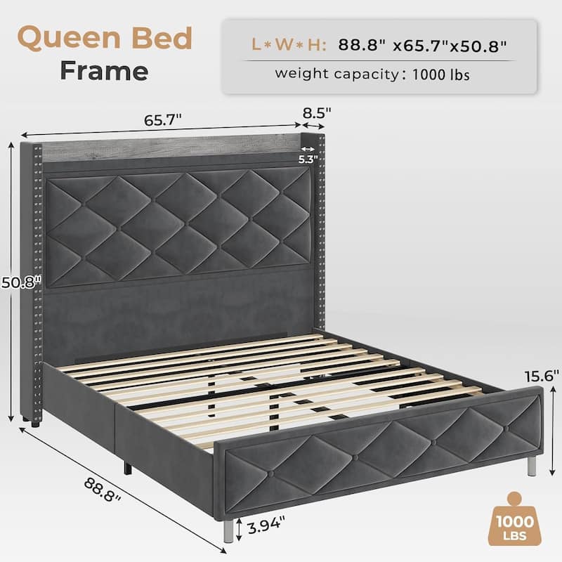 LED Bed Frame with 51.2" Tall Headboard Charging Station