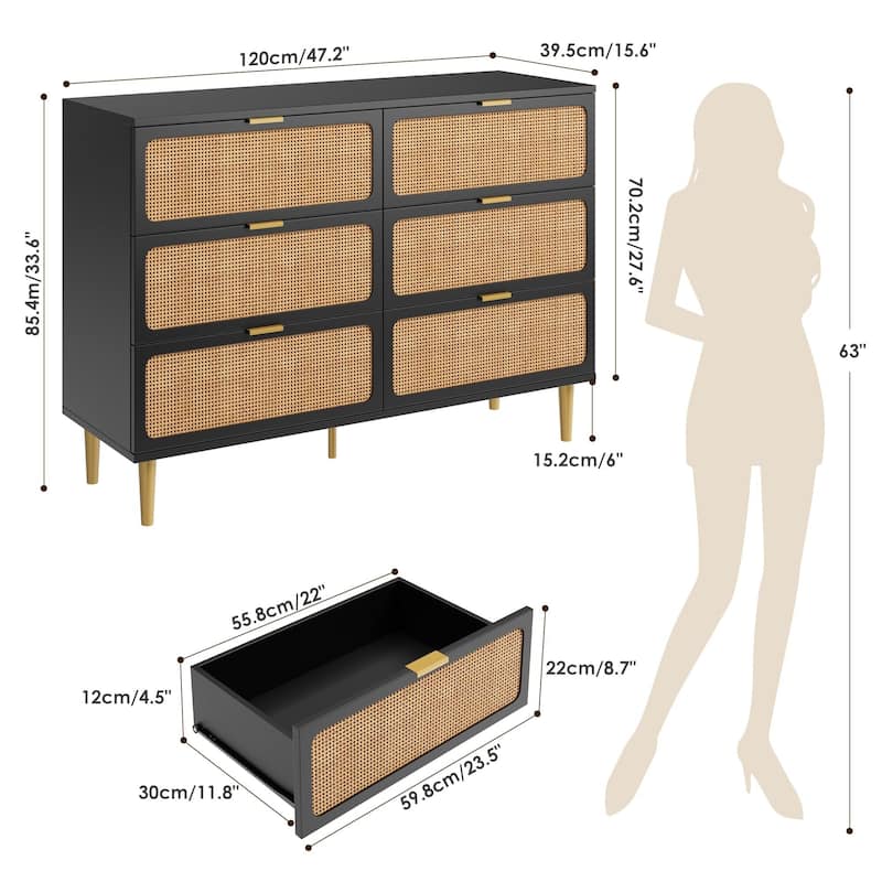 Rattan 6 Drawer Dresser for Bedroom, Large Double Dresser with Deep Drawers, Wooden Chest of Drawers for Closet with Wide Top