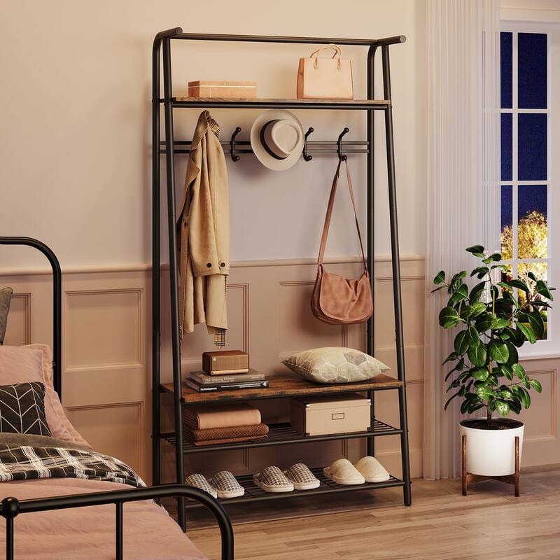 Rustic 4-in-1 Hall Tree Bench with Shoe Rack, Storage Shelf, and 5 C-Shaped Hooks in Brown & Black - 31.5*12.8*71.2in