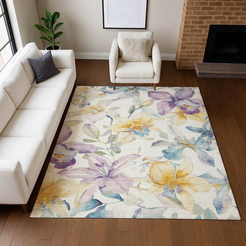 Machine Washable Indoor/ Outdoor Modern Floral Chantille Rug
