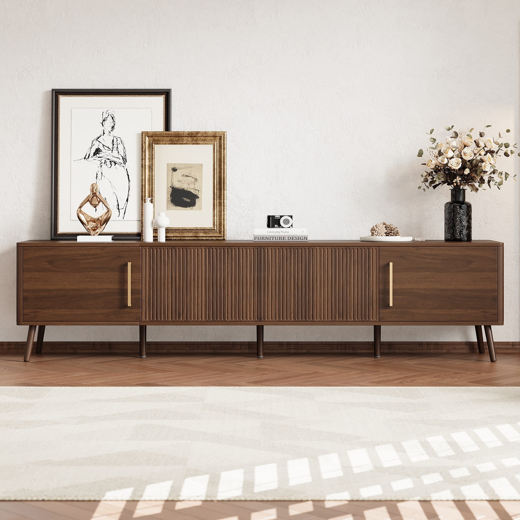 78" Modern TV Stand for TVs up to 85", Entertainment Center w/Fluted Door & Cable Management, Solid Wood Legs