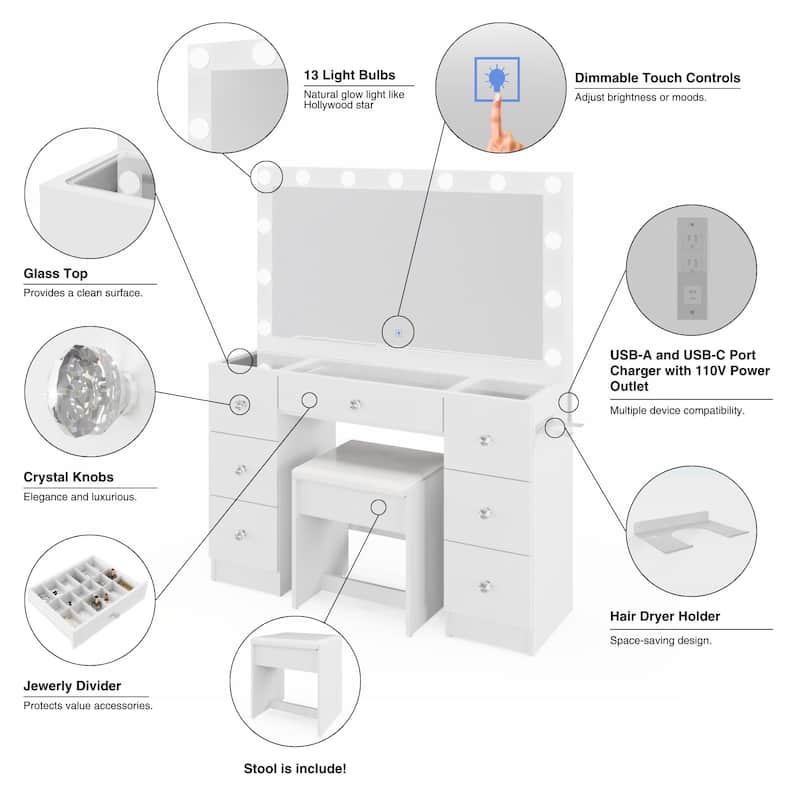 Modern White Makeup Vanity Desk with 13 Dimmable Lights, Glass Top, USB-A & USB-C, 7 Drawers, Hair Dryer Holder, and Stool