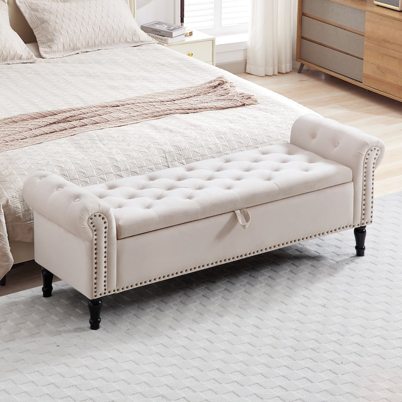 67" Velvet Tufted Storage Bench for Bedroom End of Bed with Roll Arms