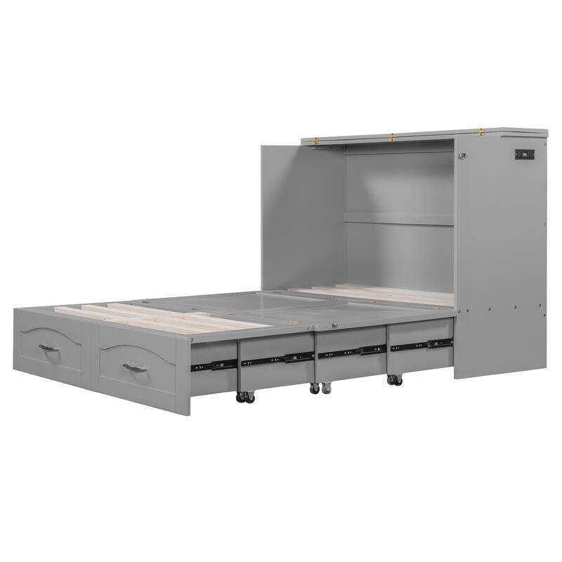 Space-Saving Full Size Murphy Bed with Drawers, USB Ports, and Pulley Design in Gray