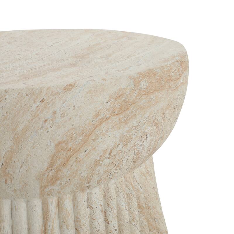 Roomfitters Outdoor Travertine Concrete Side Table with Fluted Base, Weather-Resistant Accent End Table, Beige