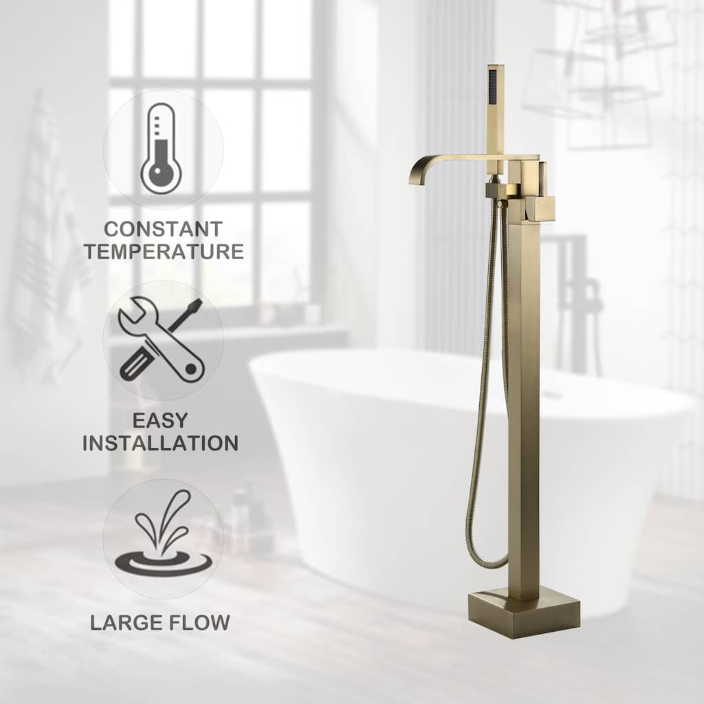 Luxury 35''H Brushed Gold Floor Mounted Tub Filler - Freestanding Bathtub Faucet with Handheld Shower