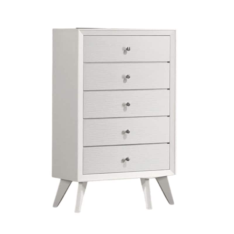 Tory Tall Dresser Chest, 5 Drawers w Bronze Knobs, Textured White Wood