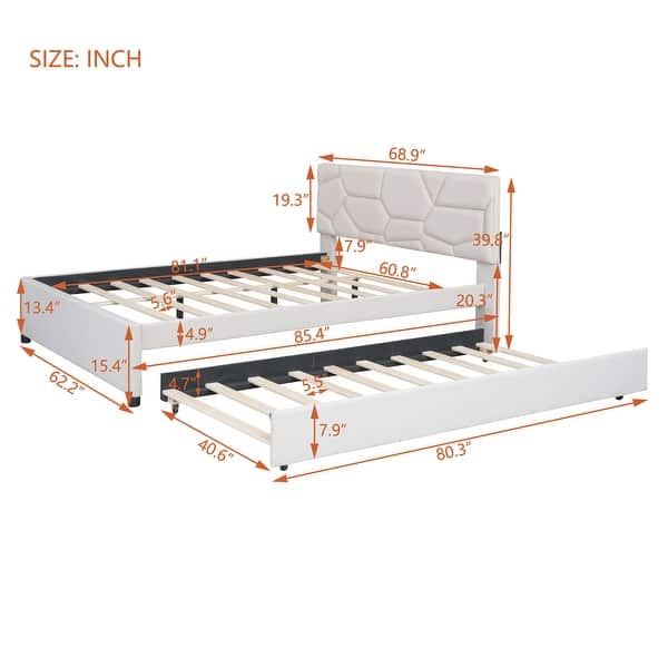 dimension image slide 0 of 2, Comfortable Upholstered Platform Bed with Stylish Headboard and Extra Trundle