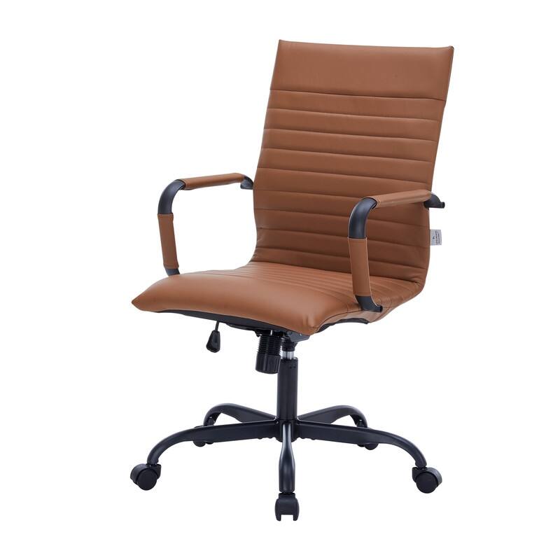 Harris Ribbed Leather Adjustable High-Back Desk Computer Swivel Office Chair in Black Metal Frame for Home Conference