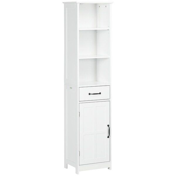 Slim Bathroom Storage Cabinet Tall Bathroom Cabinet Linen Tower with 3 Open Shelves Recessed Door and Adjustable Shelf White