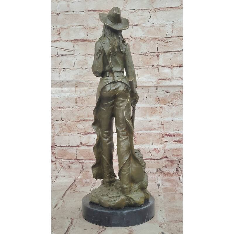 American Western Bronze Cowgirl Sculpture With Rifle And Cowboy Hat