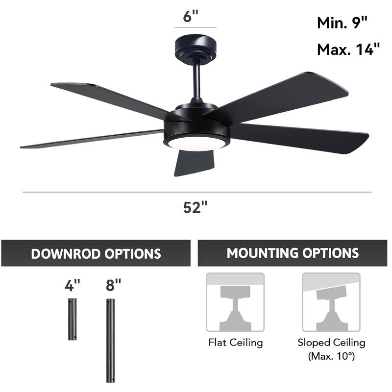 52" Modern Ceiling Fan with Light and Remote,APP Control,Suitable for Sloped Ceiling,Reversible Blades,DC Motor - 52 Inches